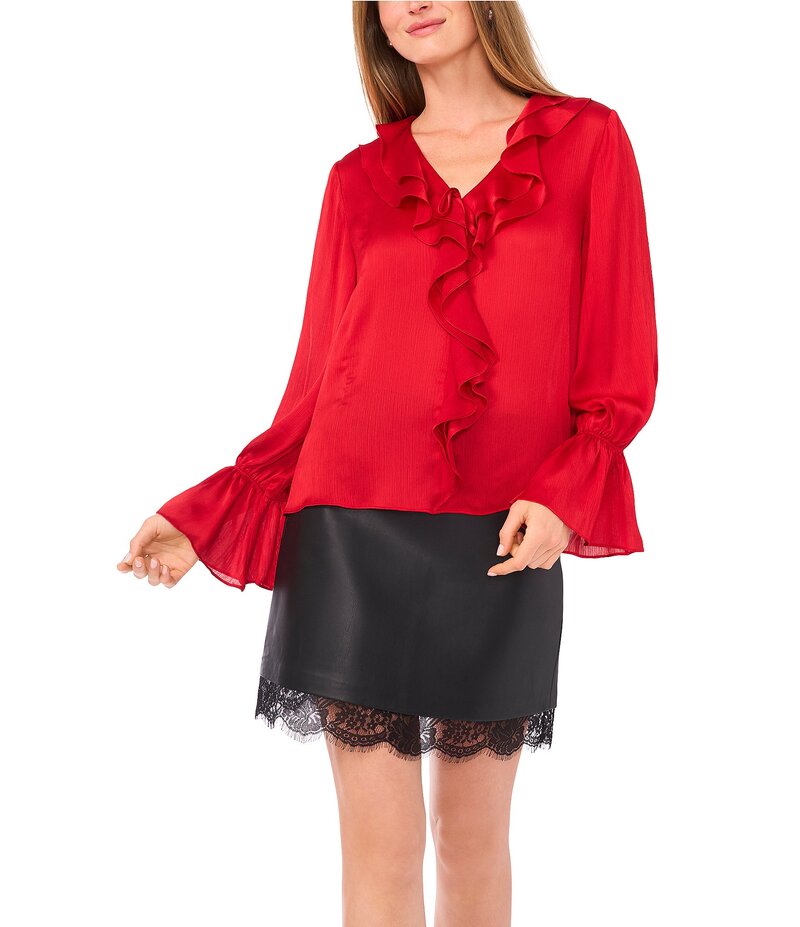 ヴィンスカムート レディース トップス シャツ Vネック フリル ブラウス Vince Camuto Woven V-Neck Long Sleeve Ruffle Blouse Cherry Red レッド