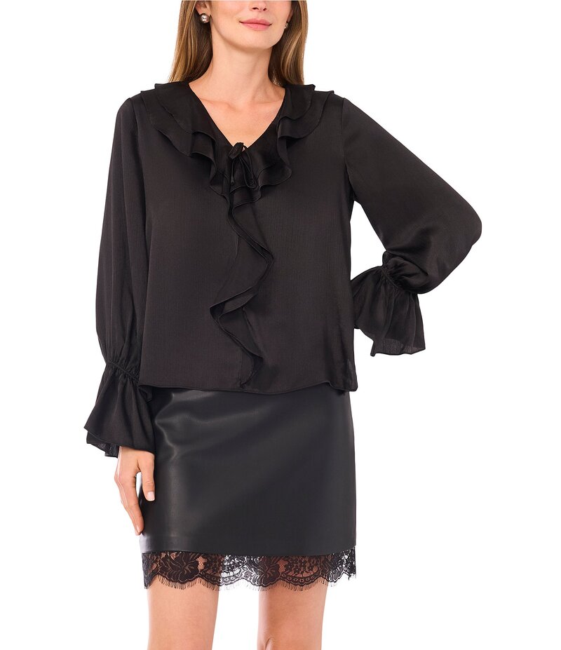 ヴィンスカムート レディース トップス シャツ Vネック フリル ブラウス Vince Camuto Woven V-Neck Long Sleeve Ruffle Blouse Rich Black ブラック