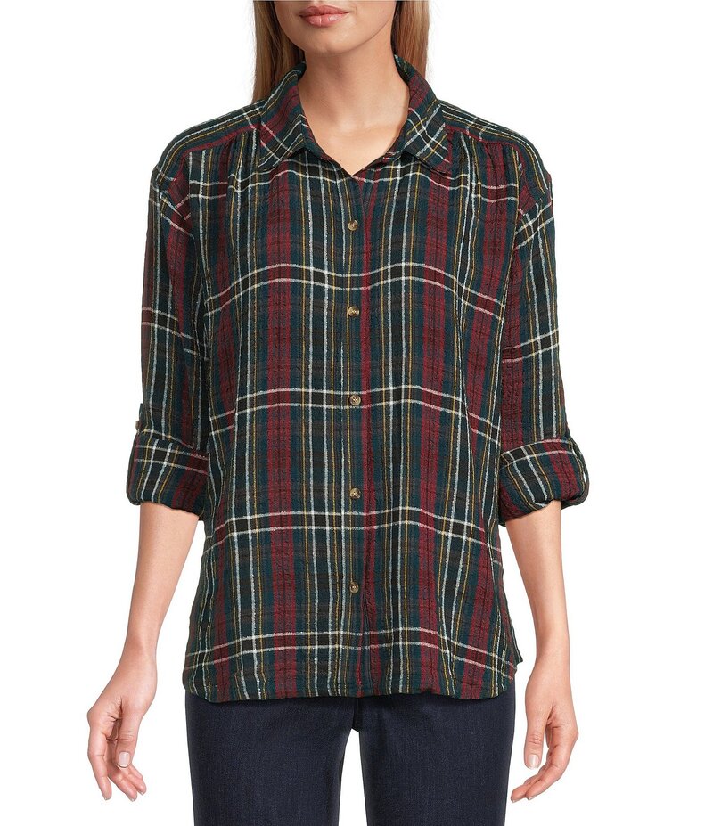 イントロ レディース トップス シャツ ボタンダウン プリント ダウン Intro Plaid Print Silver Lurex Detail Long Roll-Tab Sleeve Button Down Swing Shirt Dark Sea With Silver Lurex シルバー