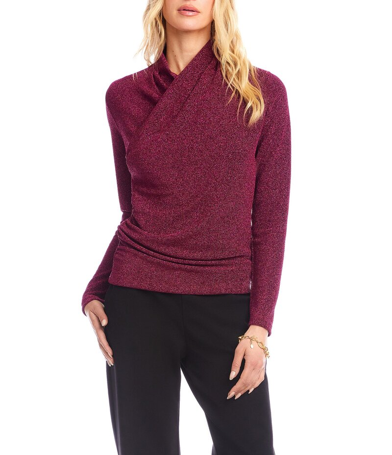 カレンケーン レディース トップス シャツ トール Karen Kane Long Sleeve Metallic Crossover Side-Shirred Top Magenta マゼンタ