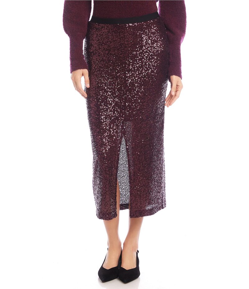 カレンケーン レディース ボトムス スカート フロントスリット メッシュ ミディ スパンコール Karen Kane Sequin Mesh Front Slit Midi Skirt Eggplant