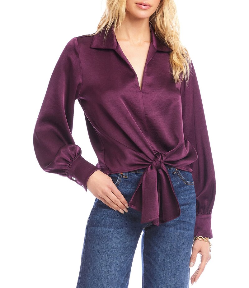 カレンケーン レディース トップス シャツ サテン Karen Kane Satin Point Collar Long Sleeve Tie Front Top Eggplant