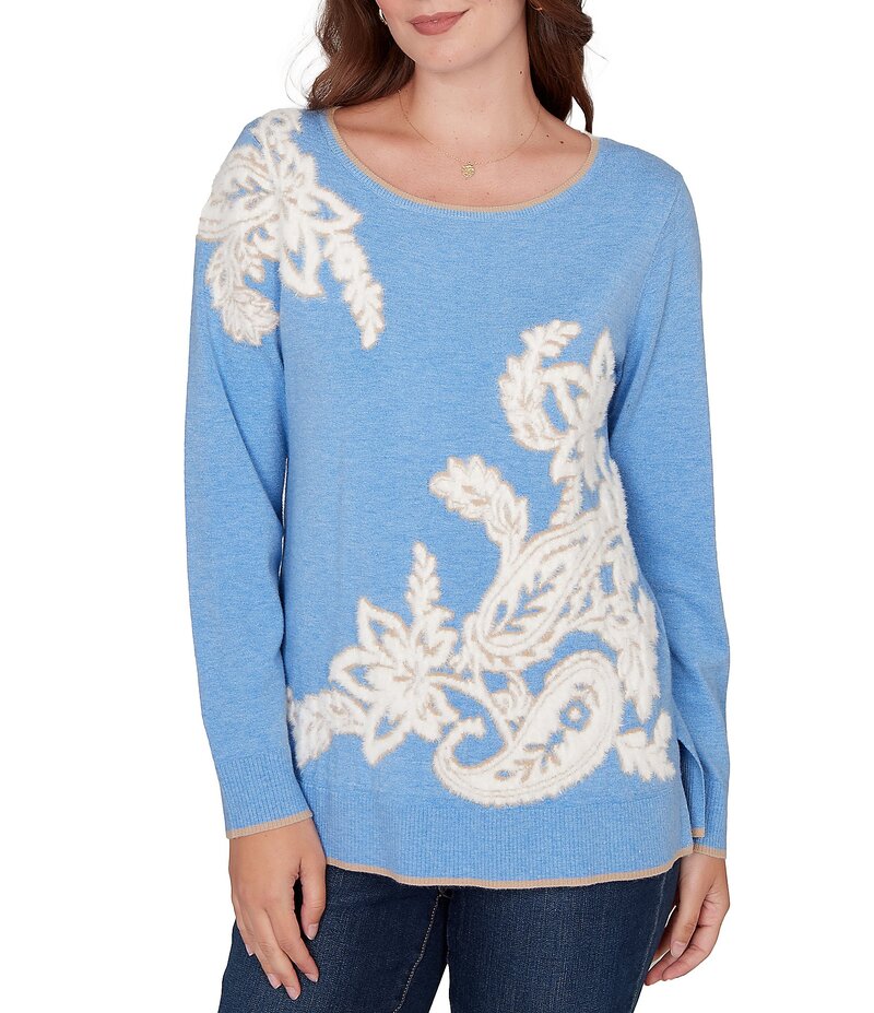 ルビーアールディー レディース アウター ニット・セーター クルーネック リブ セーター Ruby Rd. Textured Eyelash Yarn Paisley Jacquard Ribbed Crew Neck Long Sleeve Sweater Bluebell