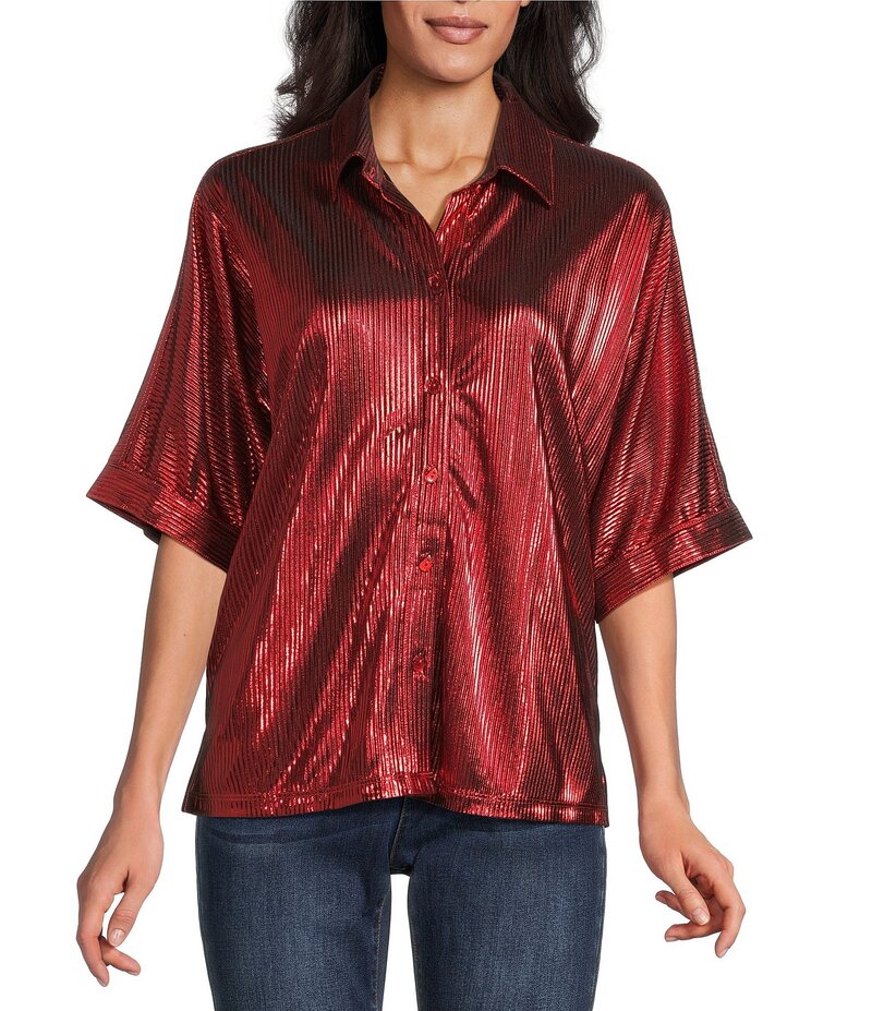 ジョン マーク レディース トップス シャツ ブラウス John Mark Woven Point Collar Short Dolman Sleeve Shimmer Pleat Button Front Blouse Red レッド