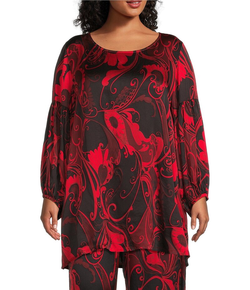 ブライン ウォーカー レディース トップス シャツ プラスサイズ プリント サテン Bryn Walker Plus Size Coordinating Giardino Print Satin Scoop Neck Long Sleeve Lantern Tunic Jester