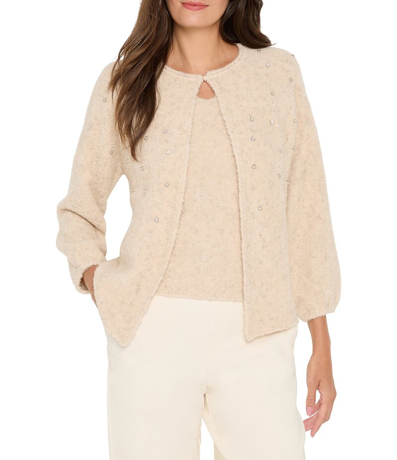 ニックアンドゾー レディース アウター ニット・セーター カーディガン NIC + ZOE Cozy Lurex Nep Round Neck 3/4 Sleeve Rhinestone Cardigan Warm Sand サンド
