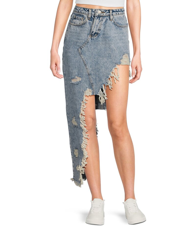 シグネチャーエイト レディース ボトムス スカート デニム フリンジ Signature 8 High-Low Fringed Denim Skirt Medium Blue ブルー｜ReVida 店