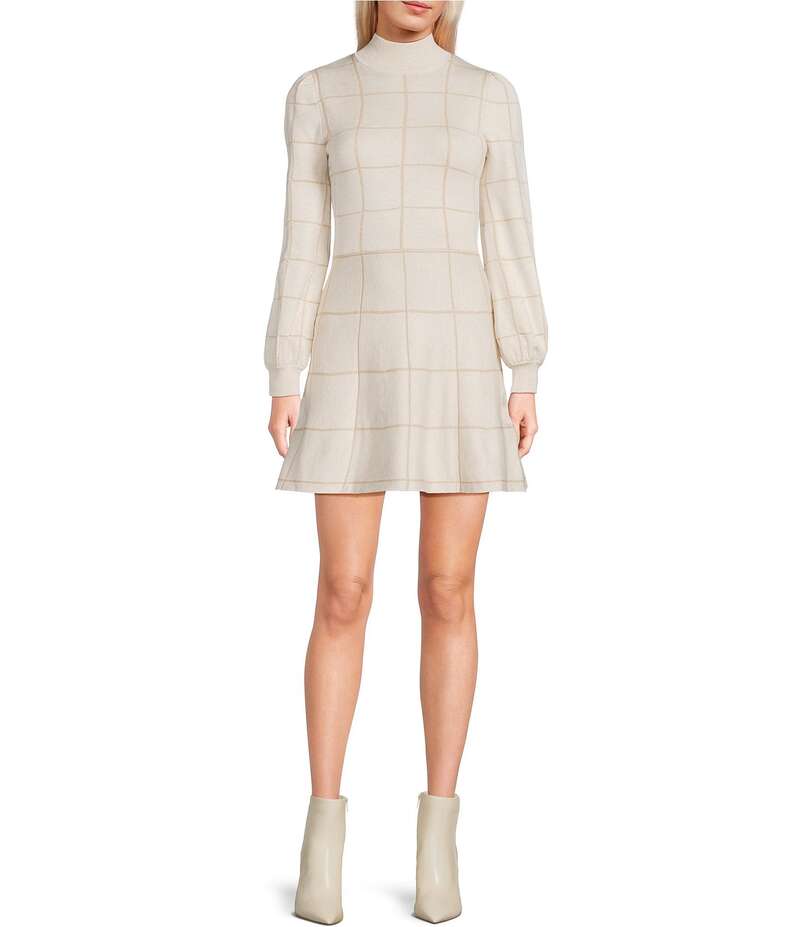 ミッドナイト ドール レディース トップス ワンピース モックネック Midnight Doll Lurex Grid Plaid Long Sleeve Puff Mock Neck Dress Ivory/Gold アイボリー