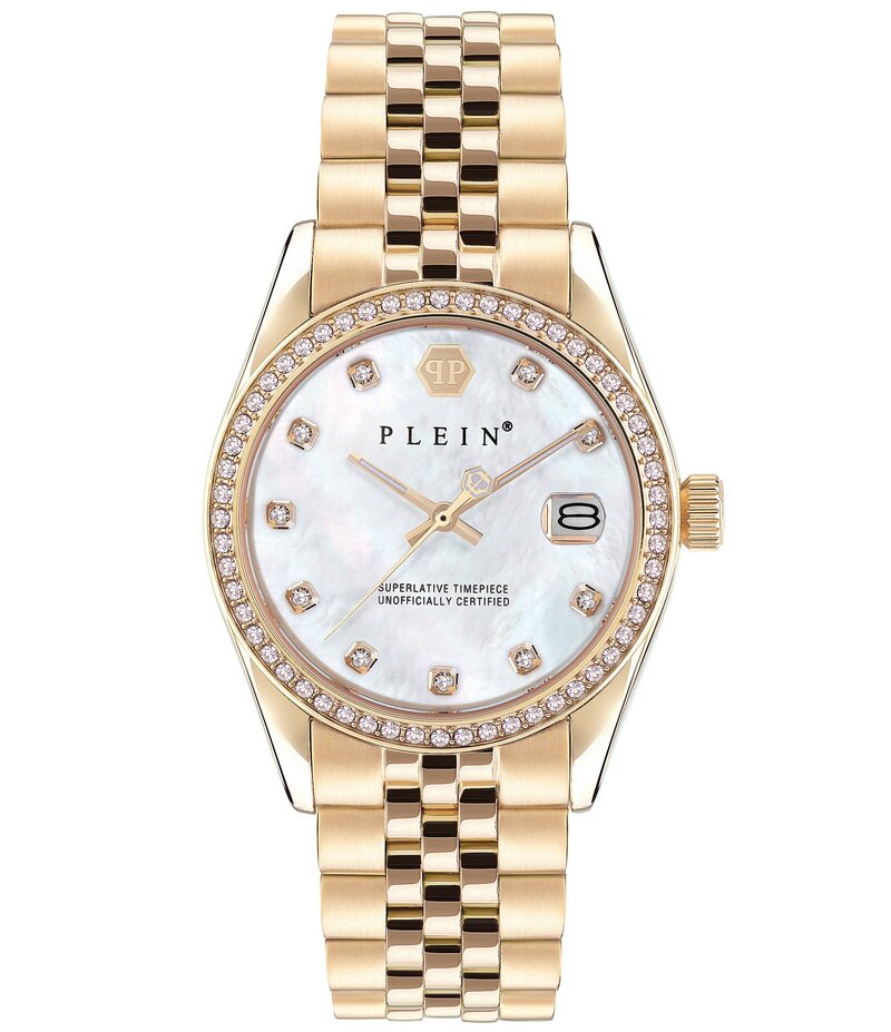 フィリッププレイン レディース アクセサリー 腕時計 Tシャツ Philipp Plein Women Date Superlative Crystal Quartz Analog Gold Stainless Steel Bracelet Watch Gold ゴールド