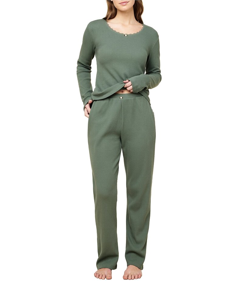 パピネール レディース アンダーウェア ナイトウェア ニット Papinelle Claire Waffle Knit Long Sleeve Scoop Neck Long Pajama Set Moss 11,235円