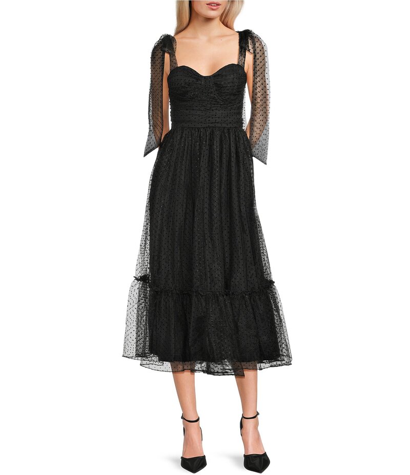 ビーダーリン レディース トップス ワンピース ミディワンピース メッシュ ミディ B. Darlin Mesh Tie Shoulder Bustier Midi Dress Black ブラック|ReVida 店