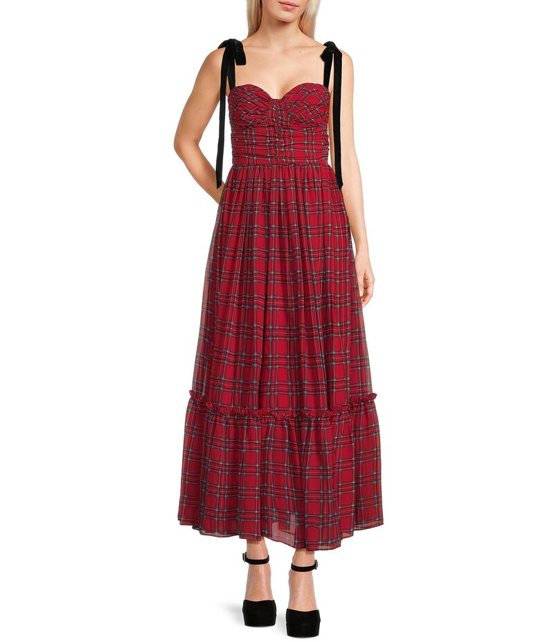 ビーダーリン レディース トップス ワンピース ミディワンピース プリント ミディ B. Darlin Plaid Printed Tie Shoulder Bustier Bodice Midi Dress Red/Black Multi ブラック|ReVida 店