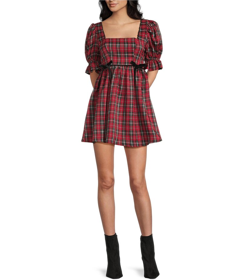 シティヴァイブ レディース トップス ワンピース ベルベット シャーリング City Vibe Plaid Square Neck Puff Sleeve Velvet Bow Front Smocked Back Dress Red/Black ブラック