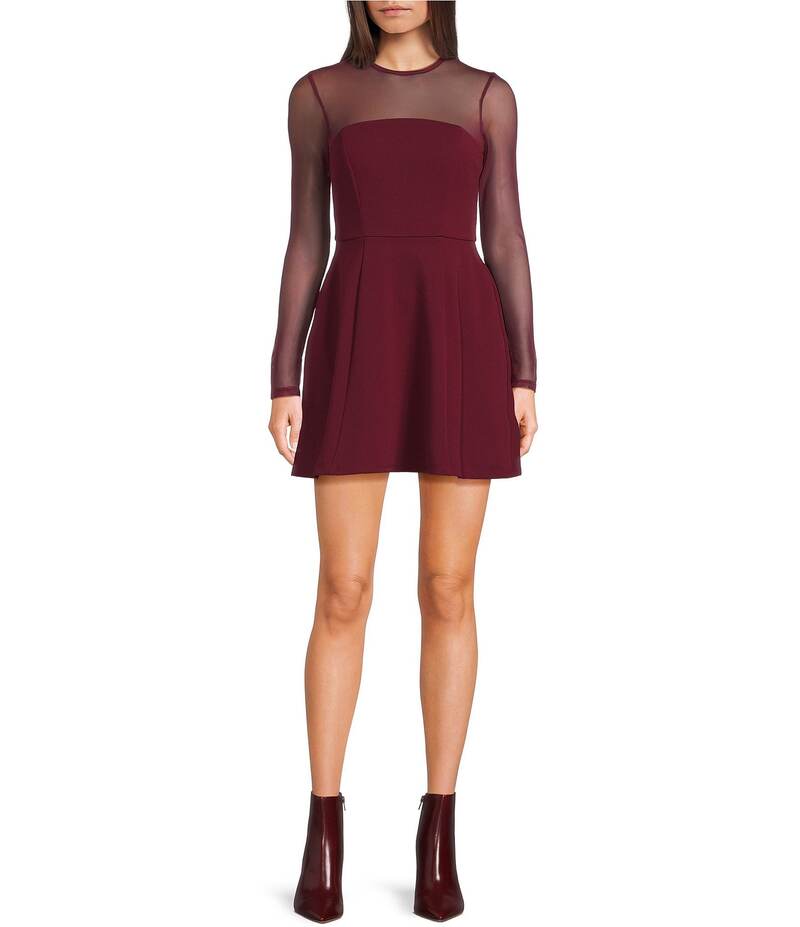 シティヴァイブ レディース トップス ワンピース メッシュ City Vibe Mesh Long Sleeve Fit And Flare Dress Burgundy バーガンディ