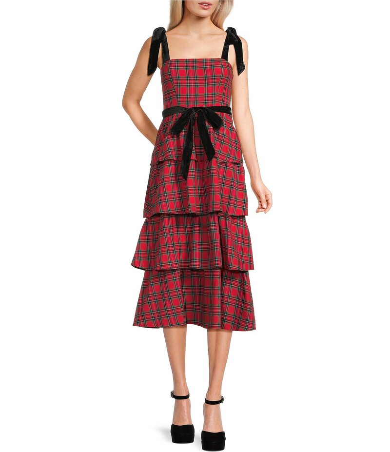 シティヴァイブ レディース トップス ワンピース ティアード ミディワンピース ミディ ベルベット City Vibe Plaid Velvet Tie Shoulder & Sash Tiered Midi Dress Red/Green/Blue ブルー