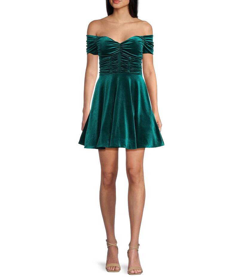 ハニーアンドロージー レディース トップス ワンピース A ライン ギャザー ベルベット Honey and Rosie Velvet Off The Shoulder Ruched A-Line Dress Spruce Green グリーン
