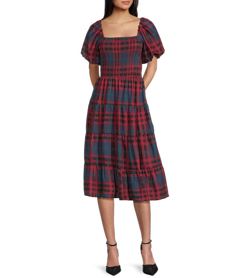 ミッドナイト ドール レディース トップス ワンピース ミディワンピース ミディ シャーリング Midnight Doll Smocked Plaid Square Neck Puff Sleeve Midi Dress Red Multi レッド|ReVida 店