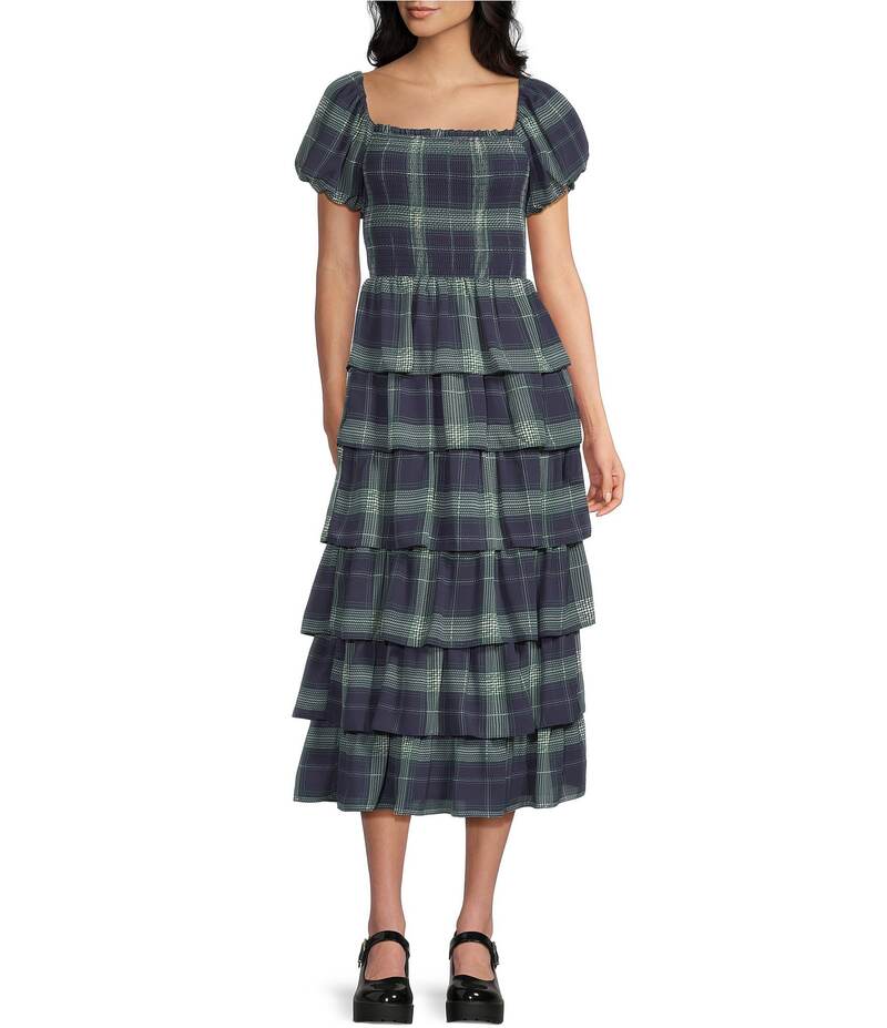 ミッドナイト ドール レディース トップス ワンピース ティアード マキシワンピース フリル シャーリング マキシ Midnight Doll Smocked Plaid Puffed Sleeve Ruffle Tiered Maxi Dress Navy Multi ネイビー