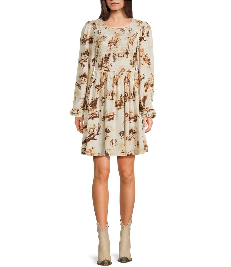 ラングラー レディース トップス ワンピース プリント シャーリング WranglerR RetroR Western-Inspired Printed Long Sleeve Smocked Fit and Flare Dress Cream クリーム