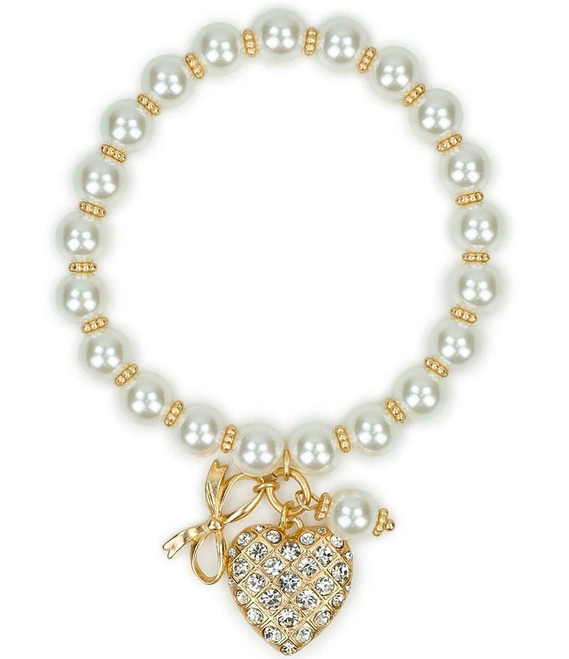 パトリシアナシュ レディース アクセサリー ブレスレット・バングル・アンクレット Patricia Nash Pearl Bead Rhinestone Heart Charm Stretch Bracelet Worn Gold/White ホワイト