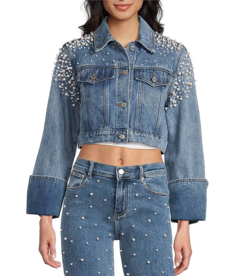 シグネチャーエイト レディース アウター コート クロップド ジャケット Signature 8 Cropped Pearl Long Sleeve Jean Jacket Blue ブルー