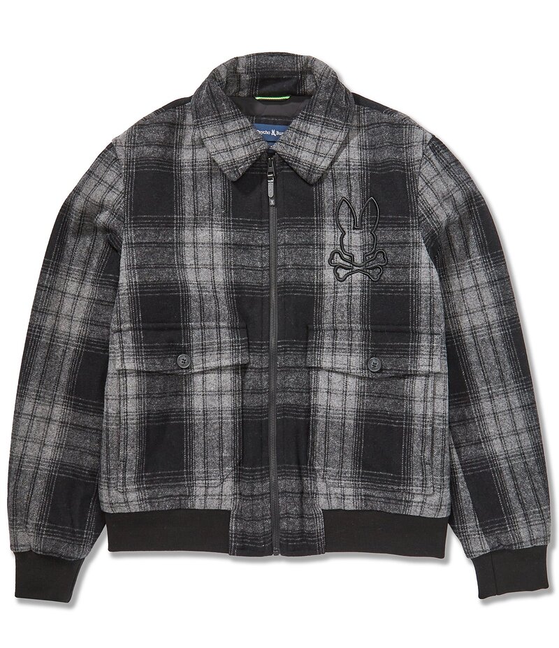 サイコバニー メンズ アウター ジャケット・ブルゾン ウール ジャケット Psycho Bunny Gavin Plaid Wool Bomber Jacket Black ブラック
