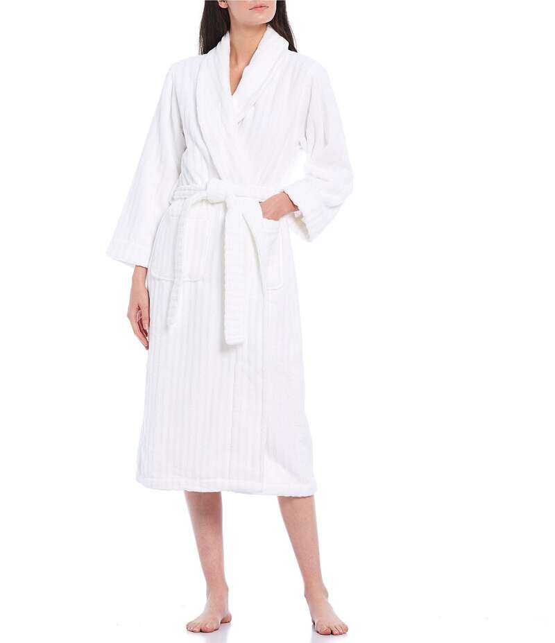 静止状態 観念 レディース アンダーお召しもの ナイト爵お召しもの パイル Sleep Sense Long Sleeve Shawl Collar Terry Striped Robe White 白いこと