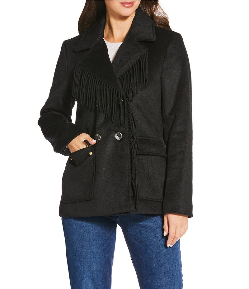 ケンジー レディース アウター コート ウール フリンジ Kensie Wool Blend Notch Collar Fringe Button Front Peacoat Black ブラック