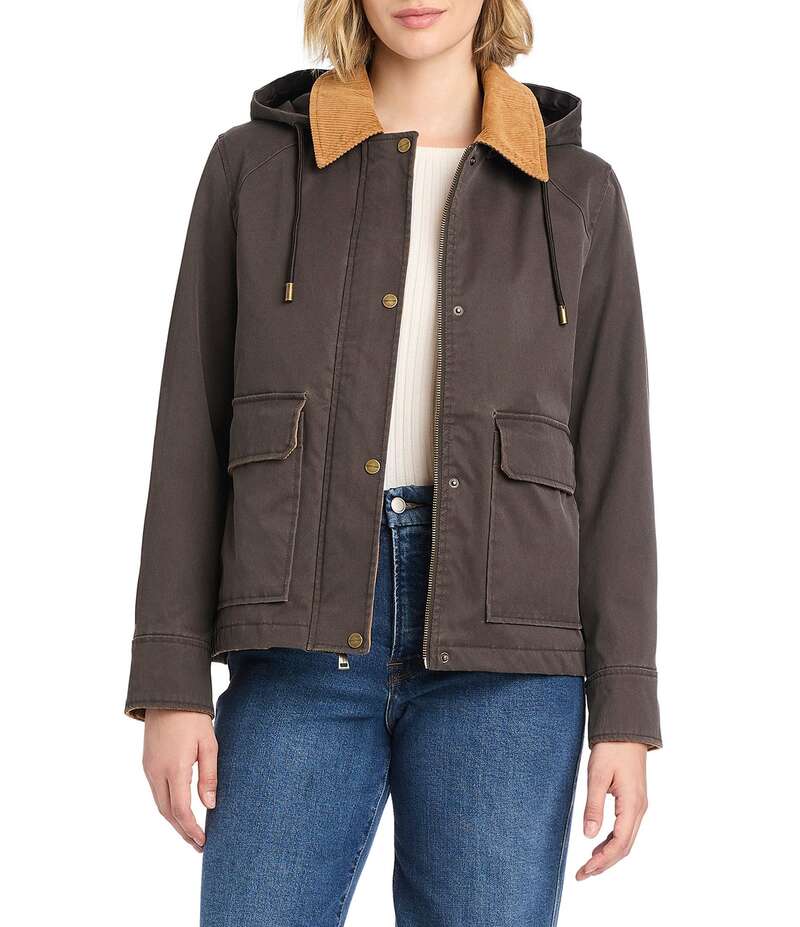 サンクチュアリー レディース アウター コート コーデュロイ ジャケット Sanctuary Waxed Coated Corduroy Stand Collar Double Entry Pocket Snap Front Jacket Dark Brown ブラウン