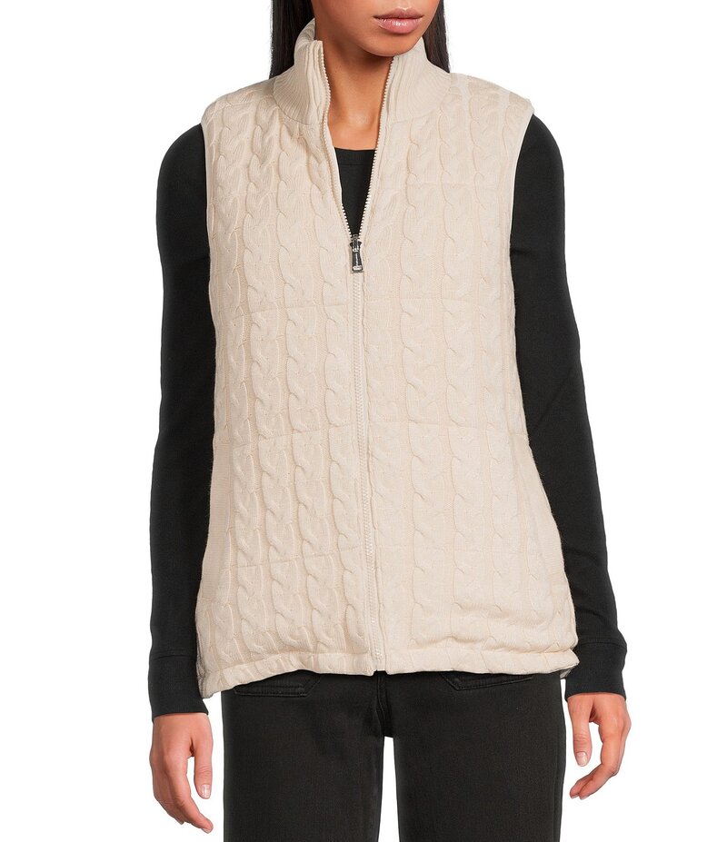 サンクチュアリー レディース アウター ベスト リブニット ニット Sanctuary Wellon Cable Knit Chunky Rib Knit Stand Collar Reversible Matte Stretch Zip Front Vest Vanilla Latte