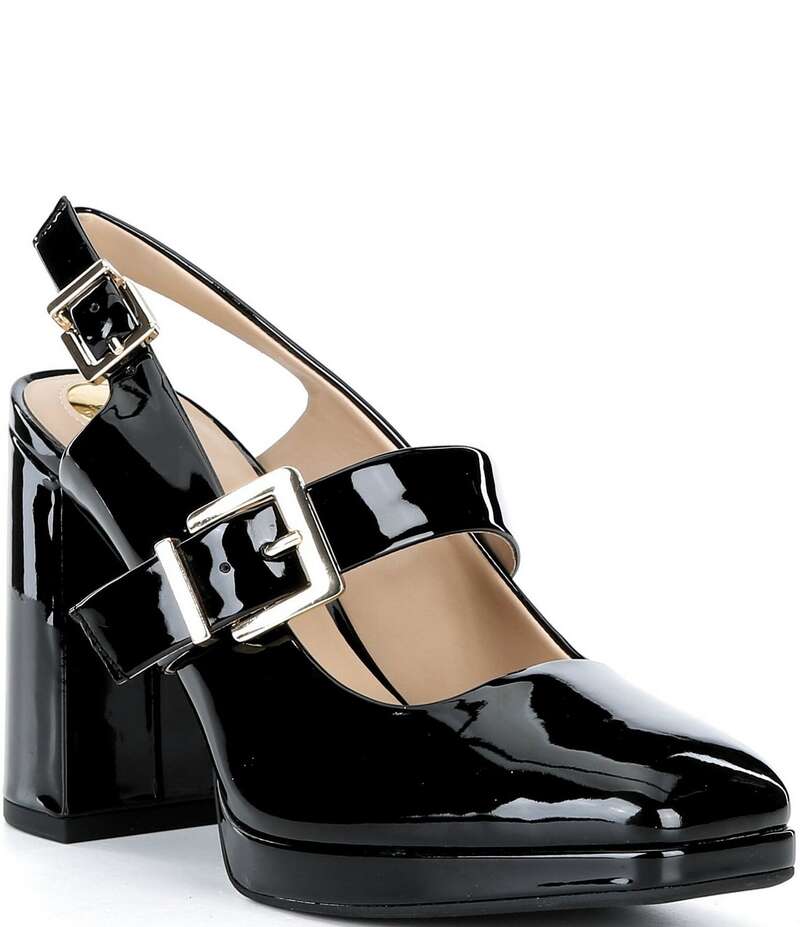 ジャンビニ レディース シューズ 踵 プラットホーム Gianni Bini Sonata Patent Square Toe Mary Jane Platform Pumps Black 黒いこと