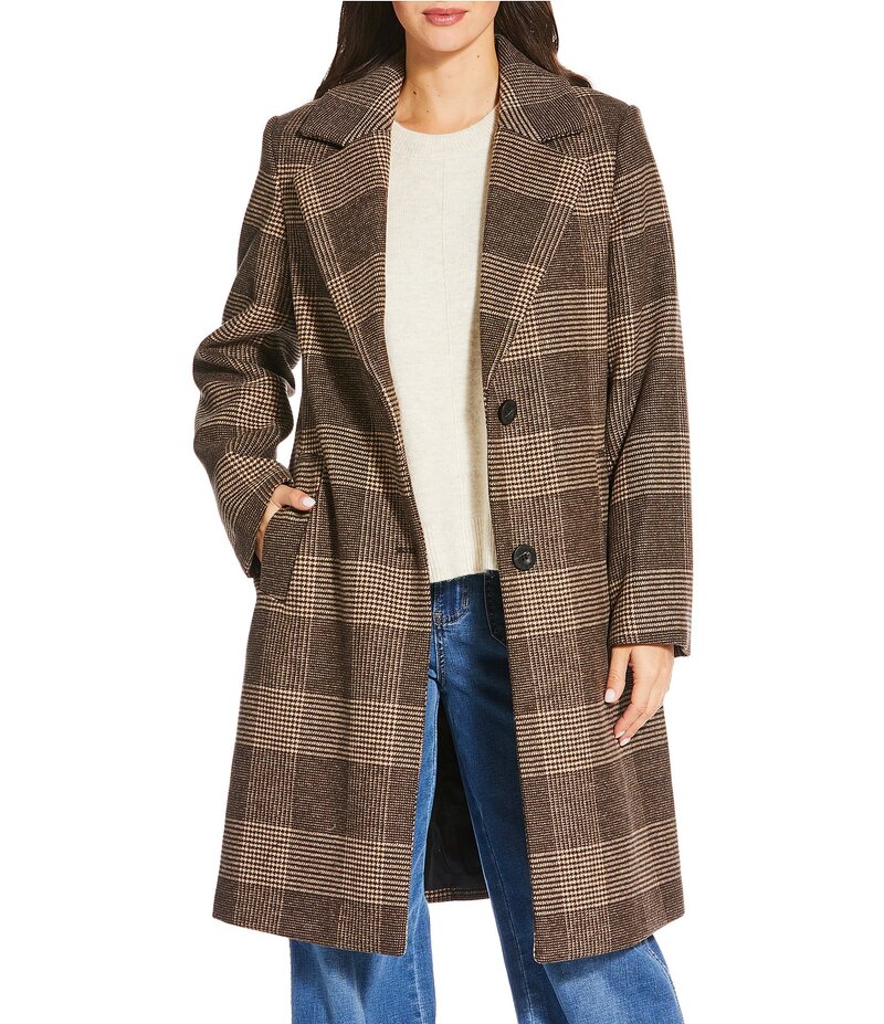 ヴィンスカムート レディース アウター コート プリント ウール Vince Camuto Wool Blend Plaid Print Notch Collar Boyfriend Fit Single Breasted Coat Taupe Glen Plaid トープ