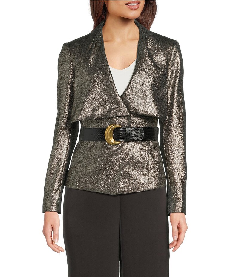 ダナキャラン レディース アウター コート ジャケット Donna Karan Novelty Envelope Collar Long Sleeve Belted Jacket Black/Gold ブラック