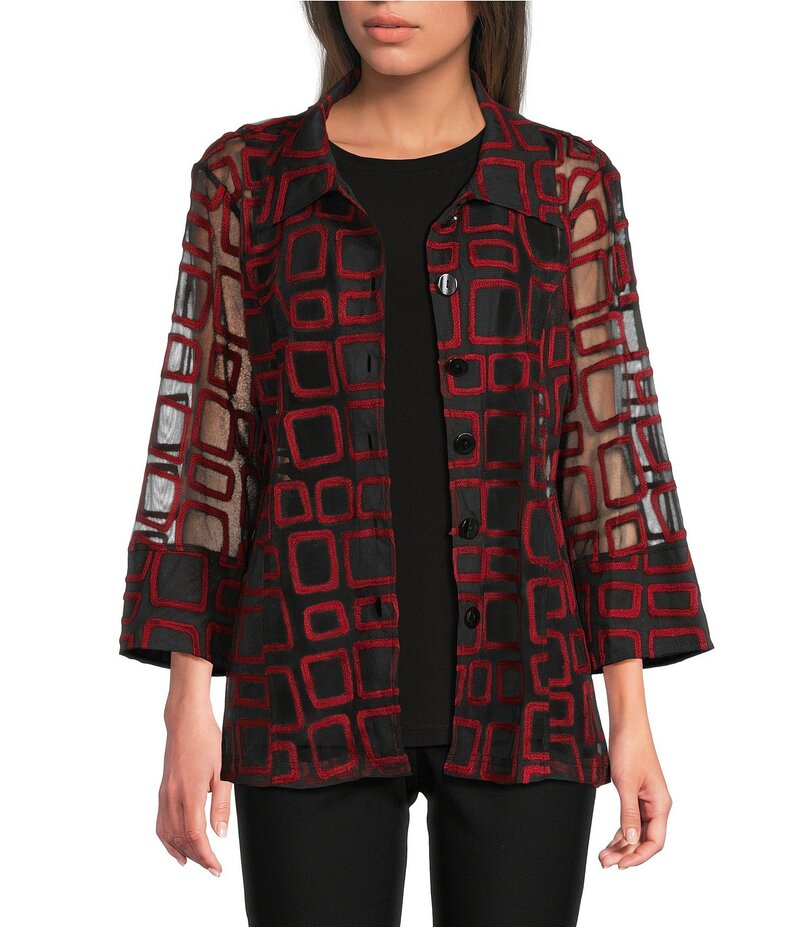 アリ マイルス レディース アウター コート メッシュ ニット ジャケット Ali Miles Jacquard Knit Mesh Square Embroider Point Collar 3/4 Sleeve Button Front Jacket Fiery Red レッド