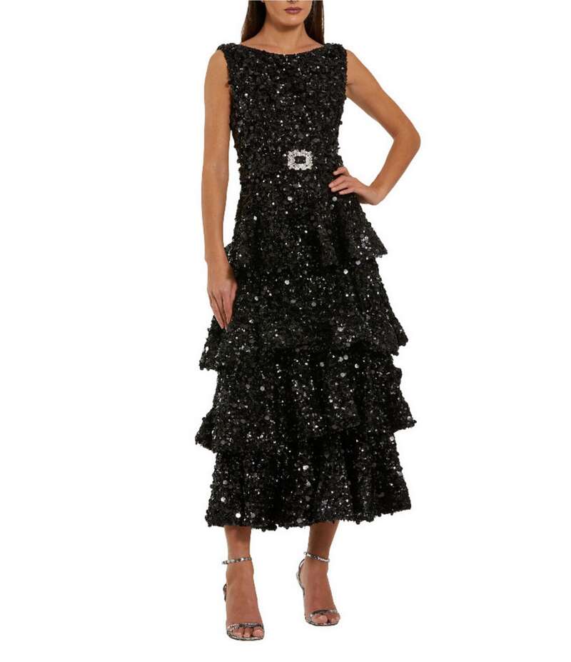 マックダガル レディース トップス ワンピース ティアード ミディワンピース ミディ スパンコール Mac Duggal Tiered Sequin Belted Midi Dress Black ブラック 34,970円