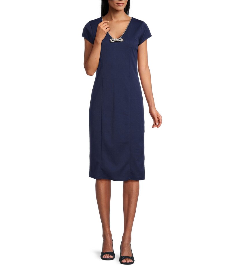 マリナ レディース トップス ワンピース クレープ ミディワンピース ミディ スキューバ Marina Scuba Crepe Rhinestone Trim Bow Neckline Short Sleeve Sheath Midi Dress Navy ネイビー