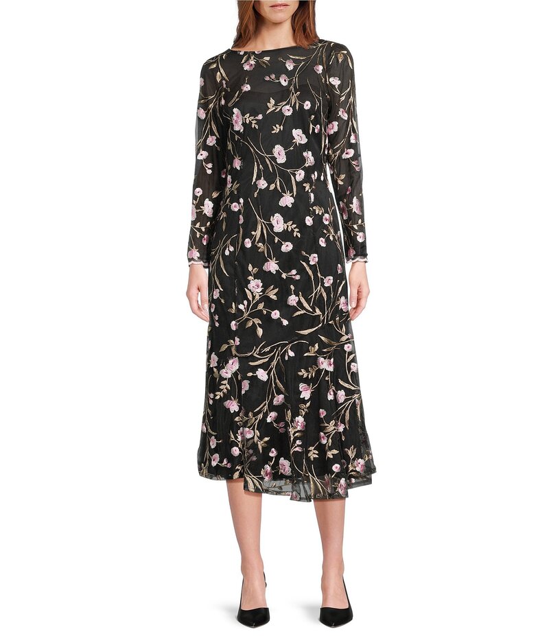 マリナ レディース トップス ワンピース ミディワンピース フラワー柄 メッシュ ミディ 刺繍 フラワー Marina Floral Embroidered Mesh Long Sleeve Midi Dress Black/Pink ブラック