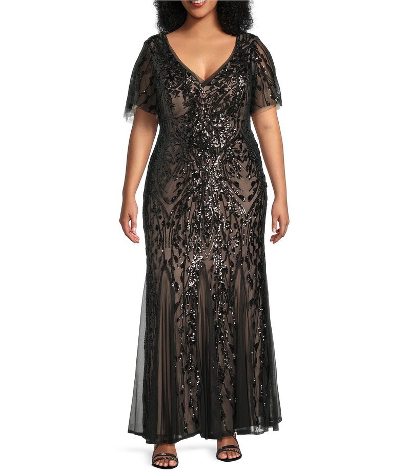 アールアンドエムリチャーズ レディース トップス ワンピース プラスサイズ メッシュ スパンコール 刺繍 エンパイア R & M Richards Plus Size Embroidered Sequin Power Mesh Empire Waist Short Flutter Sleeve Gown Black/Nude ブラック｜ReVida 店
