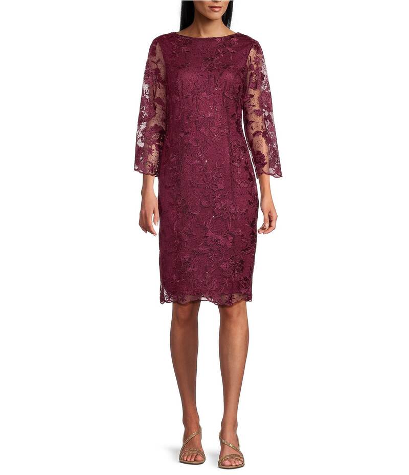 マリナ レディース トップス ワンピース メッシュ スパンコール 刺繍 レース Marina Sequin Embroidered Mesh Lace 3/4 Sleeve Sheath Dress Wine ワイン