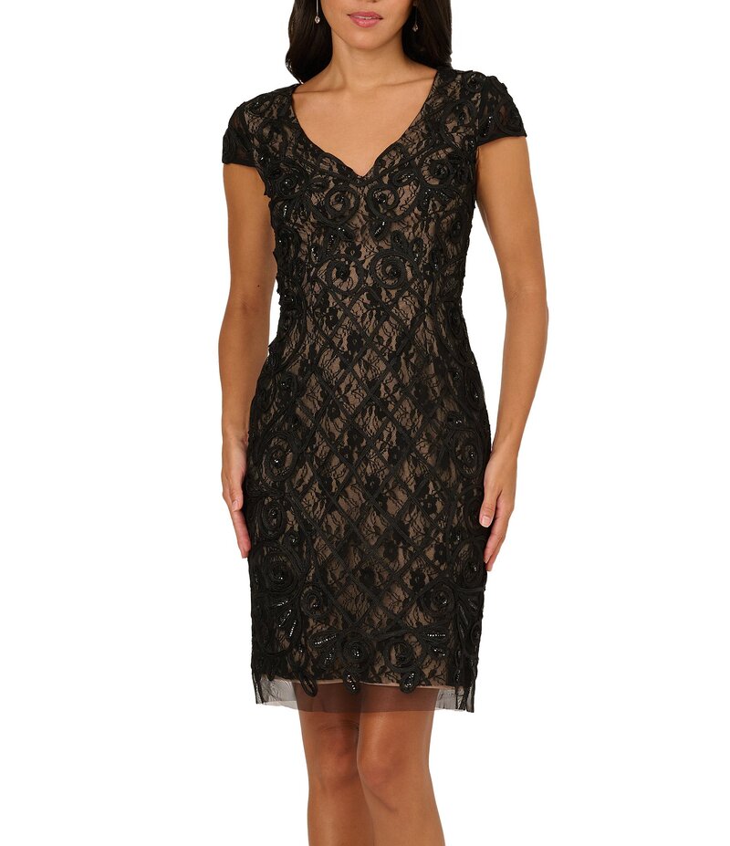 アドリアナ パペル レディース トップス ワンピース Vネック メッシュ ノースリーブ Adrianna Papell Soutache Beaded Mesh V-Neck Sleeveless Sheath Dress Black/Nude ブラック