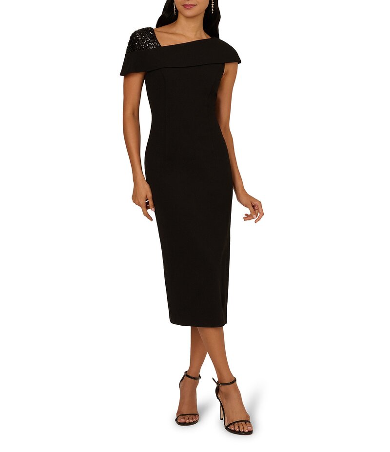 アドリアナ パペル レディース トップス ワンピース クレープ アシンメトリー ミディワンピース ミディ キャップ Adrianna Papell Beaded Crepe Asymmetrical Neck One Shoulder Cap Sleeve Sheath Midi Dress Black ブラック