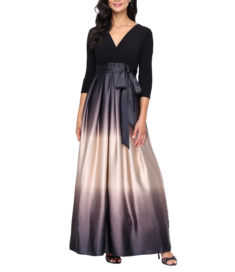 イグナイト レディース トップス ワンピース Vネック サテン スカート ジャージー Ignite Evenings Satin Charmeuse Ombre Skirt Tie Waist Matte Jersey Bodice 3/4 Sleeve V-Neck Ball Gown Black/Charmeuse ブラック｜ReVida 店