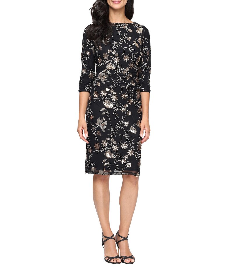 イグナイト レディース トップス ワンピース フラワー柄 ギャザー スパンコール 刺繍 フラワー Ignite Evenings Floral Embroidered Sequin Scoop Neck 3/4 Sleeve Ruched Waist Sheath Dress Black ブラック