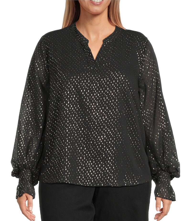 ヴィンスカムート レディース トップス シャツ Vネック プラスサイズ ブラウス Vince Camuto Plus Size Woven Lurex Dot V-Neck Long Sleeve Blouse Rich Black ブラック