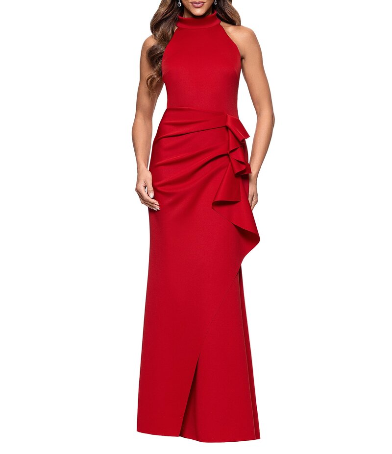 エスケープ レディース トップス ワンピース モックネック フリル ホルター Xscape Halter Mock Neck Long Dress With Side Ruffle Red レッド