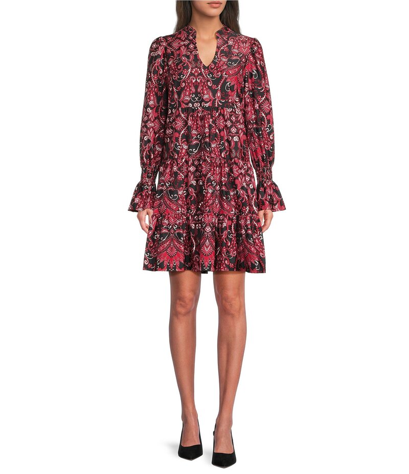 ジュードコーナリー レディース トップス ワンピース Vネック ティアード プリント フリル ニット Jude Connally Tammi Paisley Amore Print Jude Cloth Stretch Knit Split V-Neck Ruffle Sleeve Tiered Dress Paisley Amore Red/Silver レッド