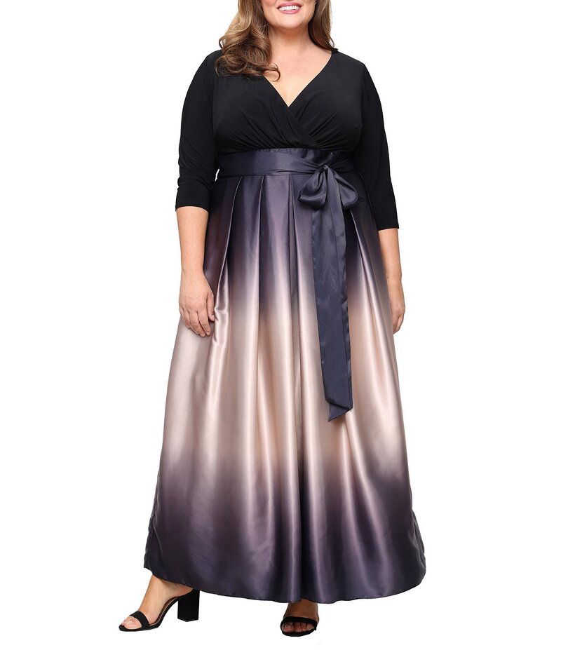 イグナイト レディース トップス ワンピース Vネック プラスサイズ サテン スカート ジャージー Ignite Evenings Plus Size Satin Charmeuse Ombre Skirt Tie Waist Matte Jersey Bodice 3/4 Sleeve V-Neck Ball Gown Black/Champagne ブラック