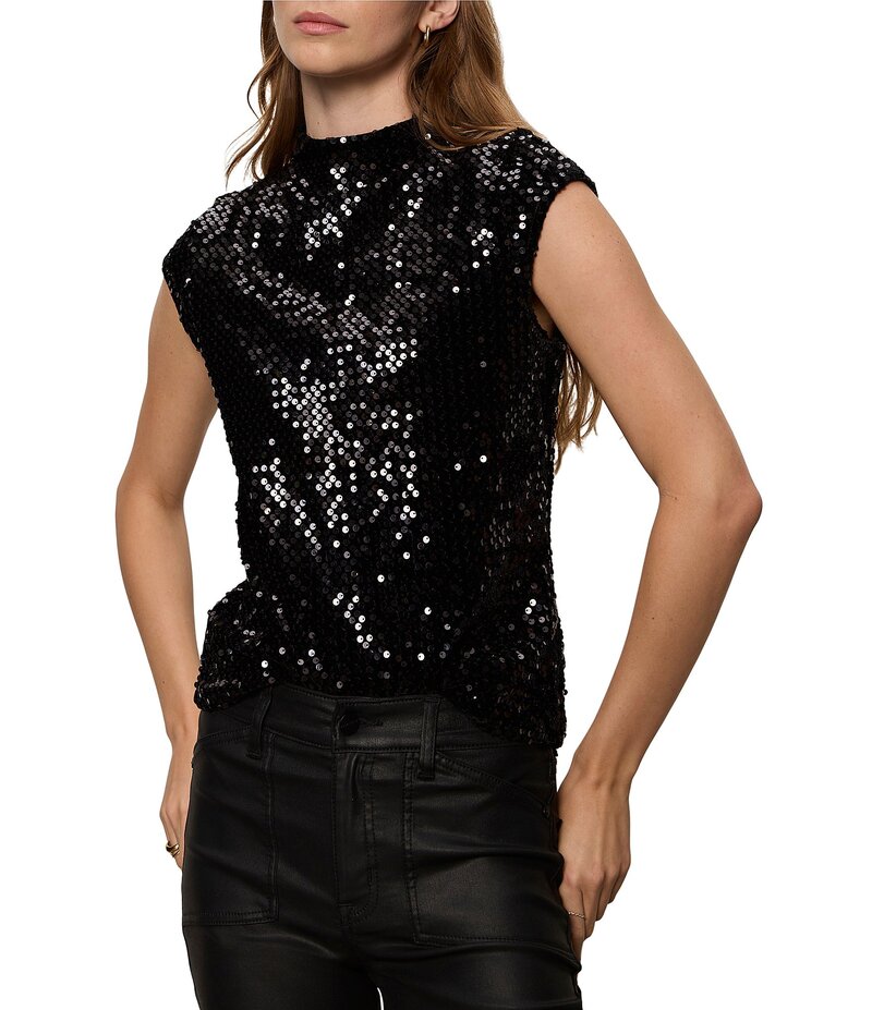 サンクチュアリー レディース トップス シャツ スタンドネック ベルベット スパンコール ノースリーブ Sanctuary Funnel Neck Sleeveless Sequin Stretch Velvet Top Black ブラック