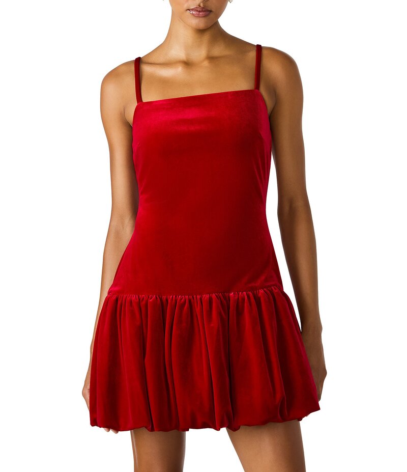 スティーブ マデン レディース トップス 衣装 ミニ衣装 ミニ 天鵞絨 ノースリーブ Steve Madden Giovanna Stretch Velvet Square Neck Sleeveless Bubble Hem Mini Dress Red Velvet 赤いこと