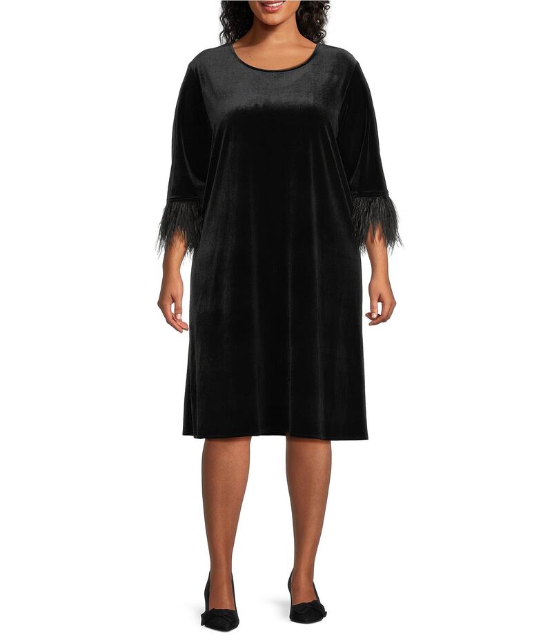 キャロライン サクラ色 レディース トップス 衣装 A 伝達ルート 付け加える大いさ 天鵝絨 Caroline Rose Plus Size Stretch Velvet Scoop Neck Feather Trim 3/4 Sleeve A-Line Dress Black/Black 黒いこと ワンピース-レディースファッション